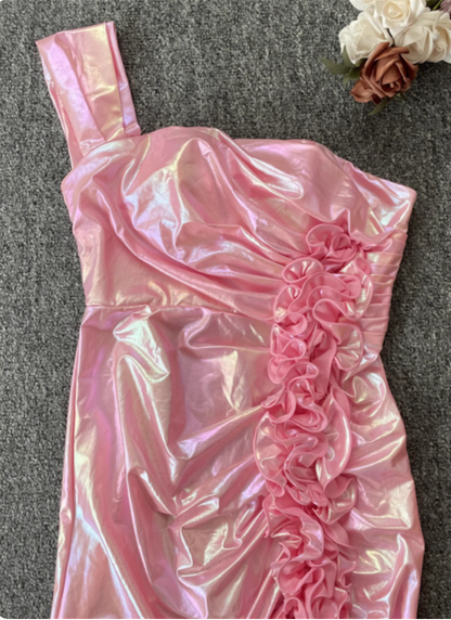 Iridescent Pink Mermaid One-shoulder 3D Floral Slit Satin Long Prom Dress Evening Dress P4531