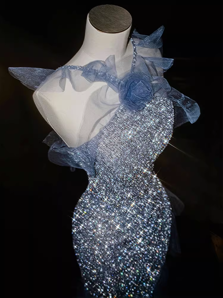 Sparkling Light Blue Sequin Tulle Evening Gown Mermaid Ruffles Prom Dress TP5666