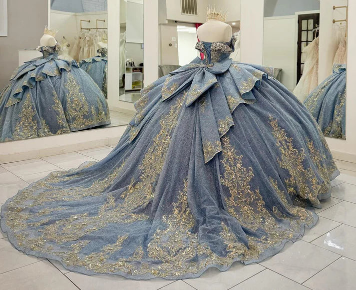 Glamorous Light Blue Blue Glitter Tulle Gold Embroidery Off-the-Shoulder Beaded Sweet 15 Quinceanera Ball Gown TP5436