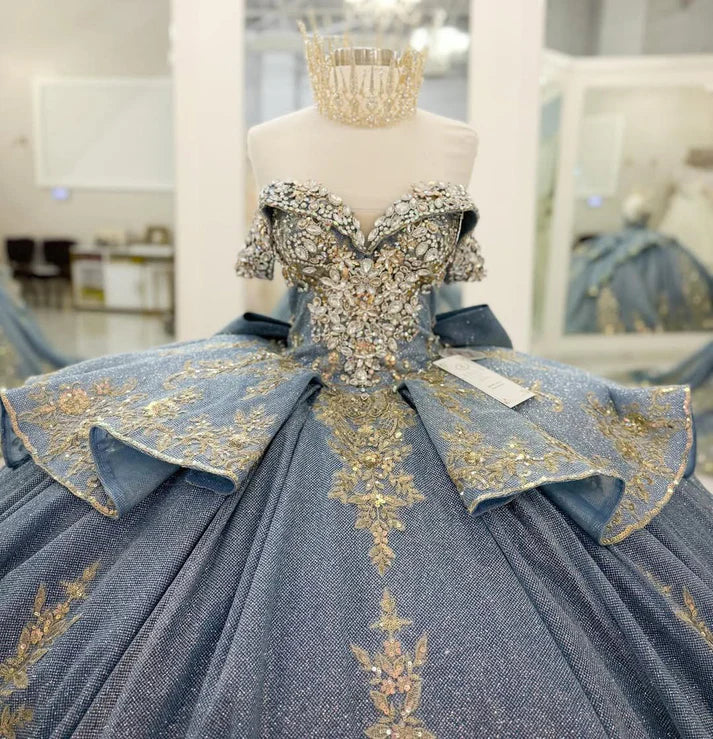 Glamorous Light Blue Blue Glitter Tulle Gold Embroidery Off-the-Shoulder Beaded Sweet 15 Quinceanera Ball Gown TP5436