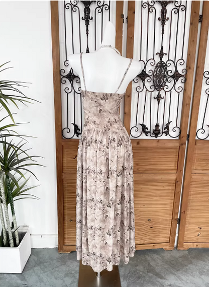 Beautiful Milk Tea Color Spaghetti Strap V-neck Printed Satin Long Prom Dress Evening Dress P4538