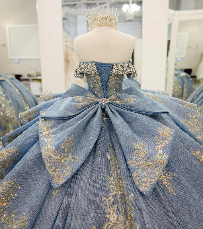 Glamorous Light Blue Blue Glitter Tulle Gold Embroidery Off-the-Shoulder Beaded Sweet 15 Quinceanera Ball Gown TP5436