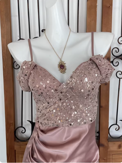 Elegant Pink Spaghetti Strap V-neck Off-the-shoulder Slit Sequin Satin Long Prom Dress Evening Dress P4539