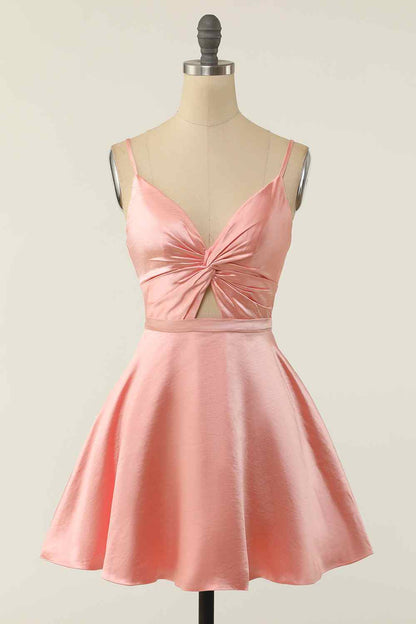 A-line V Neck Twist Knot Cut-Out Pleated Mini Homecoming Dress