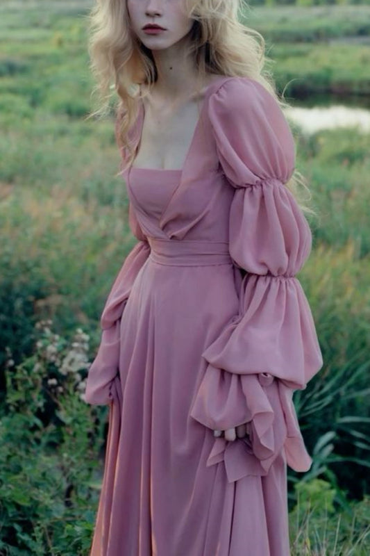 girlhomeshops-Vintage elegant long sleeve A-line pink chiffon formal prom dress prom dress gh5751