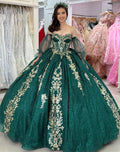Chic Emerald Green Sweetheart Gold Floral Embroidery Sheer Tulle Sleeves Quinceanera Ball Gown TP5248