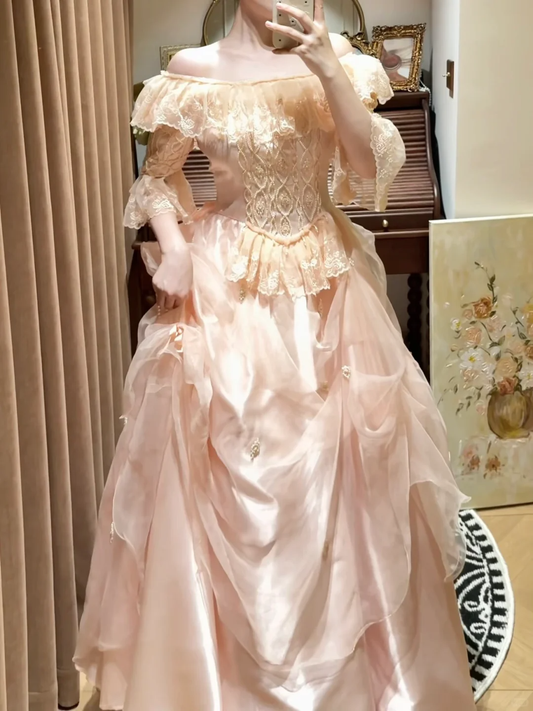 Vintage A-Line Pink Bell Sleeves Lace Embroidery Evening Gown TP5452