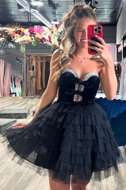 Black Sweetheart Off-the-shoulder Sequins Tulle Mini Homecoming Dress