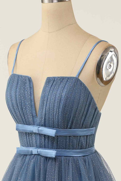 Dusty Blue A-line V Neck Pleated Double Bow Tie Sash Mini Homecoming Dress