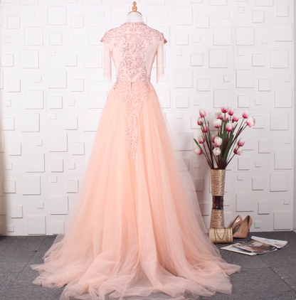 Elegant Court Grey Fringed Beaded Embroidered Tulle Train Prom Dress Evening Dress P4554