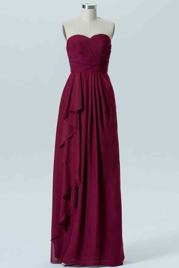 Mulberry A-line Strapless Pleated Ruffle Chiffon Long Bridesmaid Dress