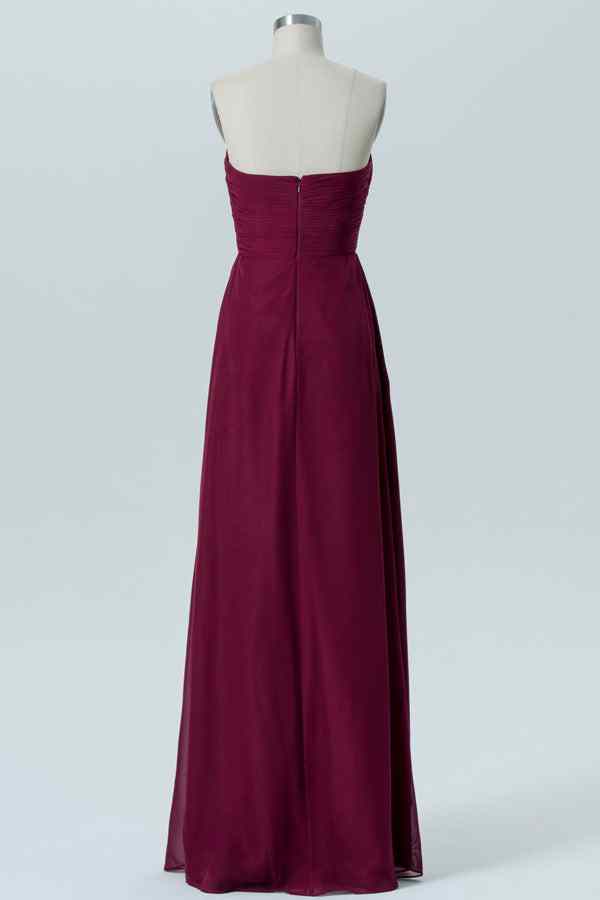 Mulberry A-line Strapless Pleated Ruffle Chiffon Long Bridesmaid Dress