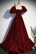 Vintage Burgundy Velvet Ball Gown Sweetheart Neck Puff Sleeves Evening Gown TP5797