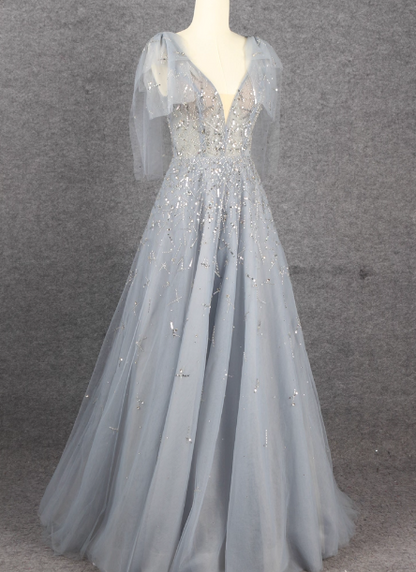 Elegant Smoky Blue Deep V Sequin Tulle Long Prom Dress Evening Dress Bridesmaid Dress P4564