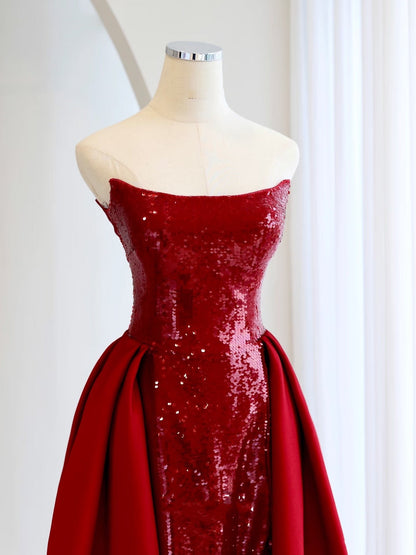 Mermaid Strapless Sequin Red Prom Dresses Long Evening Dress P2026