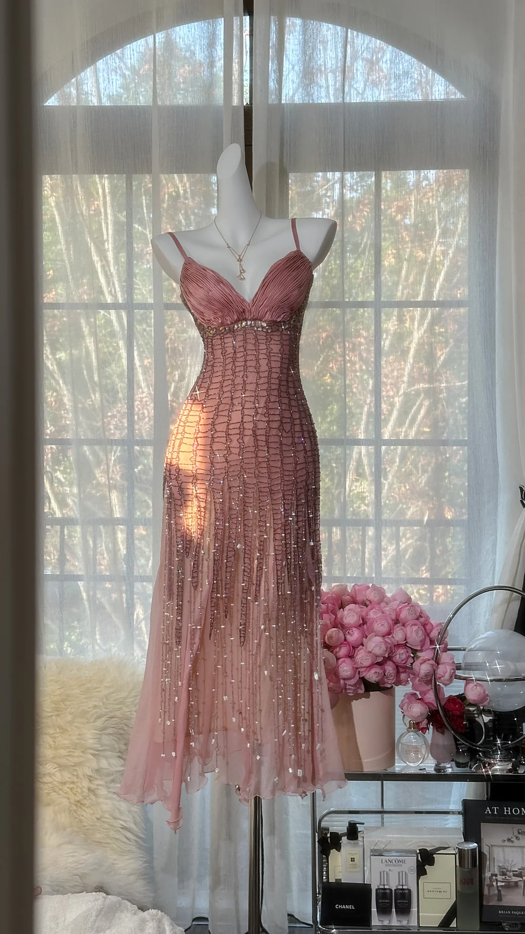 Vintage Blush Pink Spaghetti Strap V-Neck Mermaid Prom Dress Beaded Chiffon Evening Gown for Wedding Guest TP5742