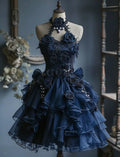 New Fashion Navy Blue 3D Flowers Design A-line Halter Homecoming Dress TP3415