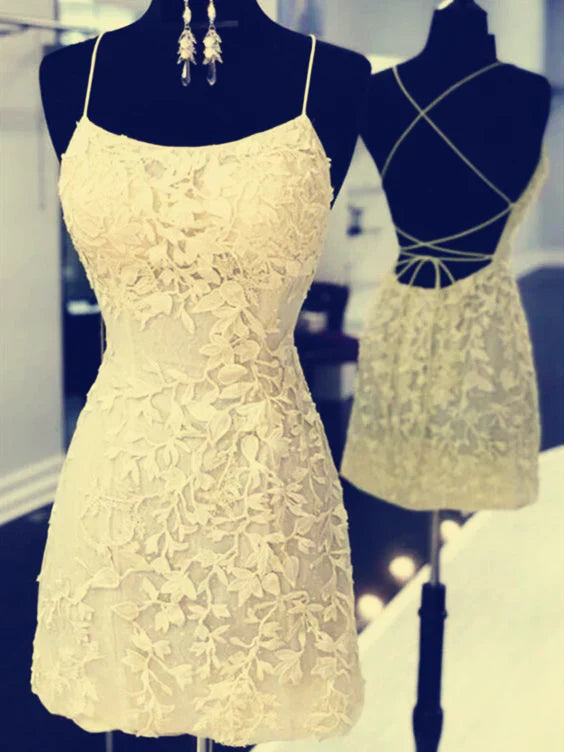 Vintage Yellow Floral Applique Spaghetti Strap Short Sheath Party Dress Cocktail Dress Homecoming Dress TP4439