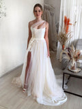 Light champagne one shoulder lace tulle long prom dress, champagne evening dress