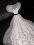 Vintage Black Polka Dot Tulle Ruffled Organza Sleeve Satin Belt Evening Gown TP5390