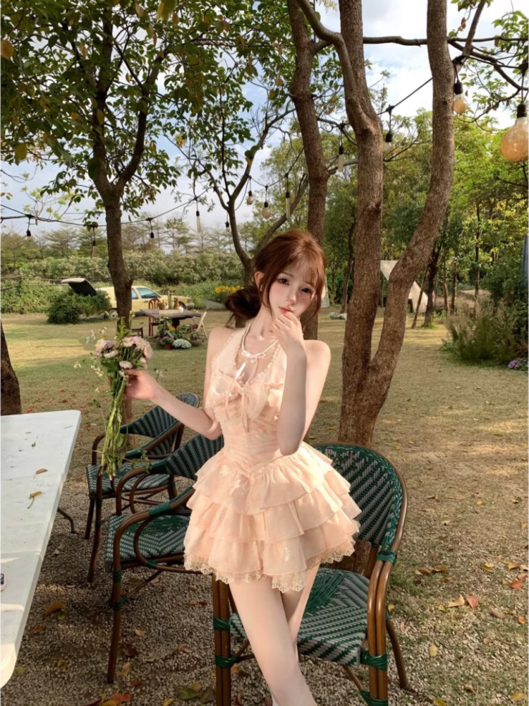 Vintage Pink A-Line Halter-neck Tiered Homecoming Dress Party Dress Cocktail Dress TP4721