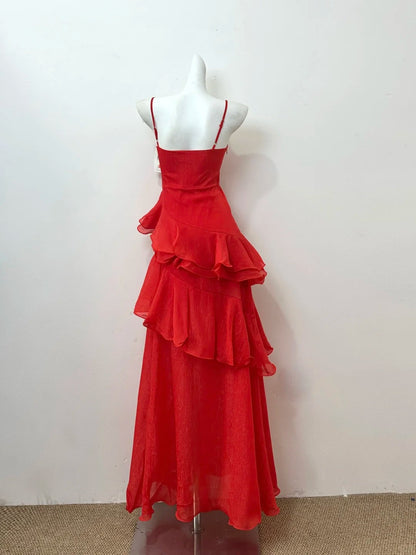 Red Shiny Elegant Fashion Spaghetti Strap Long Chiffon Ruffle Ball Gown Evening Gown Party Dress Prom Gown gh3795