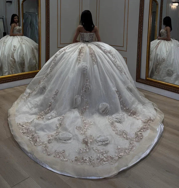 Elegant Sweetheart Sequins 3D Floral Applique Off-Shoulder Quinceanera Ball Gown TP5245