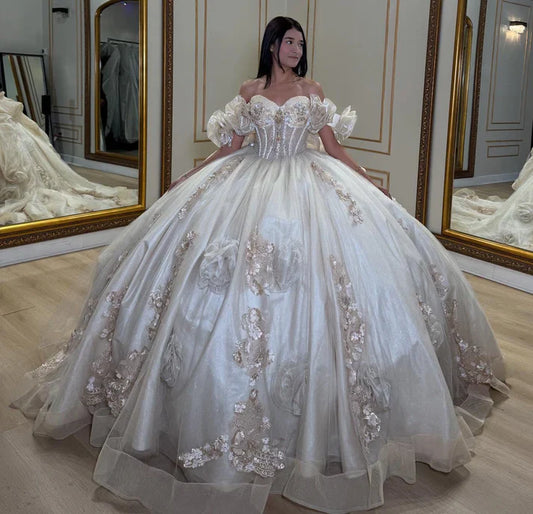 Elegant Sweetheart Sequins 3D Floral Applique Off-Shoulder Quinceanera Ball Gown TP5245