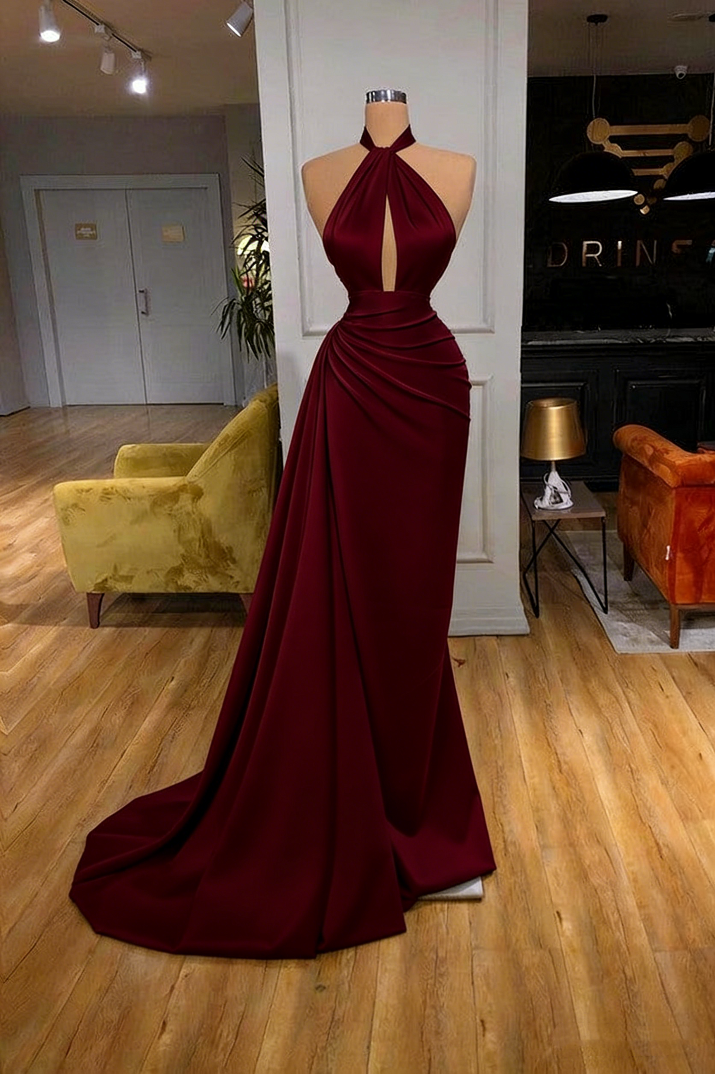 Vintage Mermaid Halter Sleeveless Ivory Long Prom Dresses P496