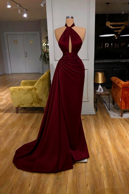 Vintage Mermaid Halter Sleeveless Ivory Long Prom Dresses P496