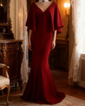 Vintage Burgundy V-Neck Mermaid Gown Cape Sleeves Prom Dress TP5649