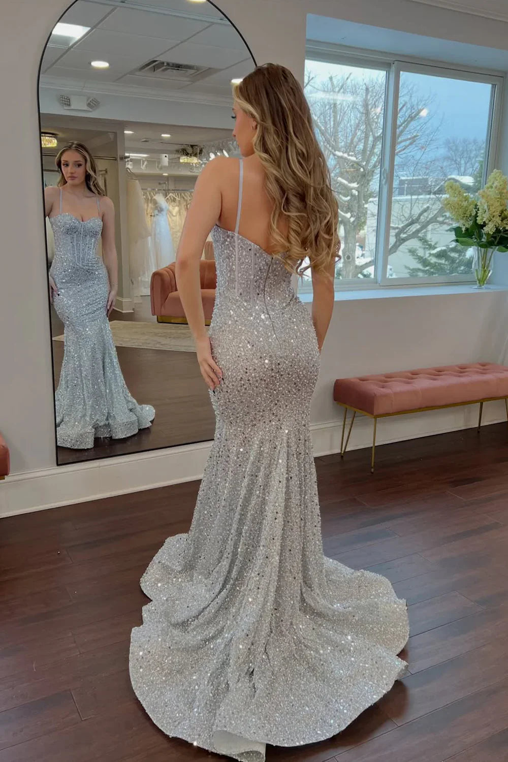 Sweetheart Spaghetti Straps Mermaid Sequins Party Prom Dress