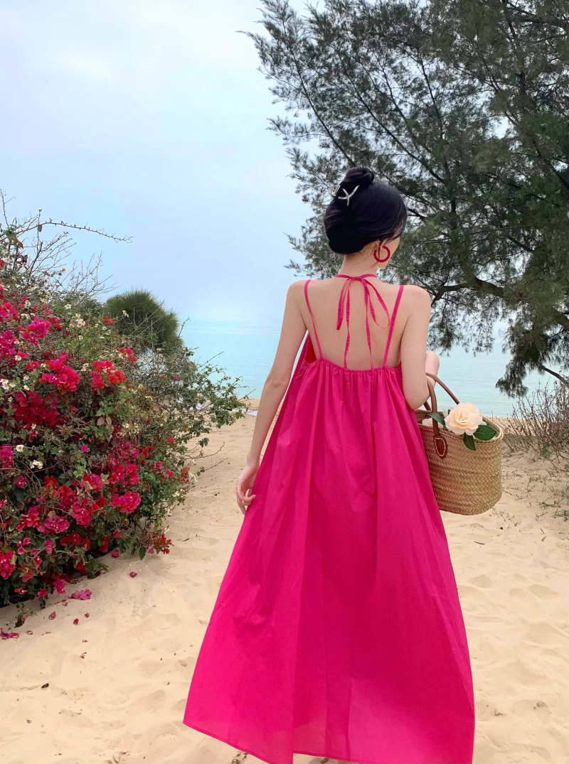 New Fashion Rose Pink Sleeveless Beach Halter Dress TP2979