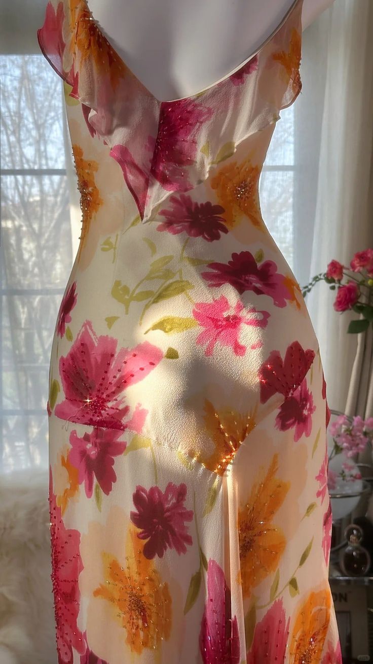 Romantic Ruffled Colorful Floral Printed Mermaid Chiffon Spaghetti Strap Prom Dress TP5686