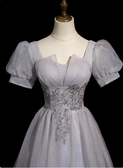 Dreamy Light Purple A-line Square Neck Short Sleeve Tulle Long Prom Dress Evening Dress P4582