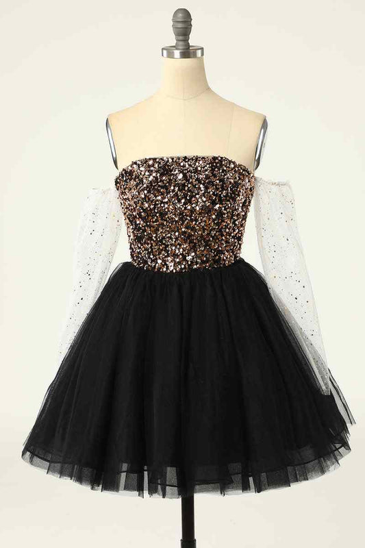 Black Off-the-Shoulder A-line Long Sleeves Sequins Mini Homecoming Dress
