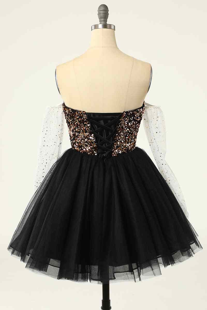 Black Off-the-Shoulder A-line Long Sleeves Sequins Mini Homecoming Dress