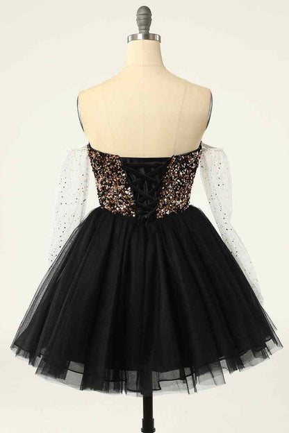 Black Off-the-Shoulder A-line Long Sleeves Sequins Mini Homecoming Dress