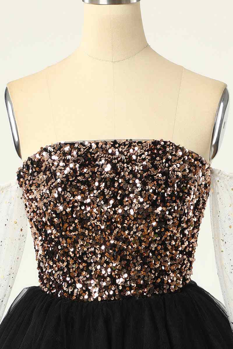 Black Off-the-Shoulder A-line Long Sleeves Sequins Mini Homecoming Dress