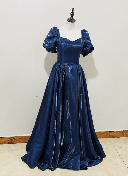 Elegant Navy Blue Puffed Short Sleeve Satin Long Prom Dress Evening Dress P4596