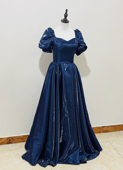 Elegant Navy Blue Puffed Short Sleeve Satin Long Prom Dress Evening Dress P4596