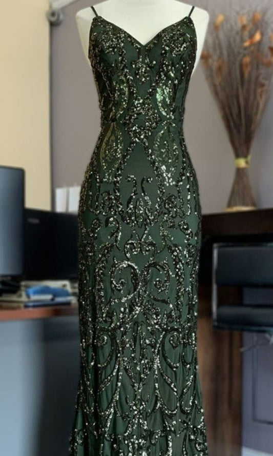Green shiny elegant delicate beaded applique spaghetti straps long tulle mermaid slim ball gown evening dress gh3190
