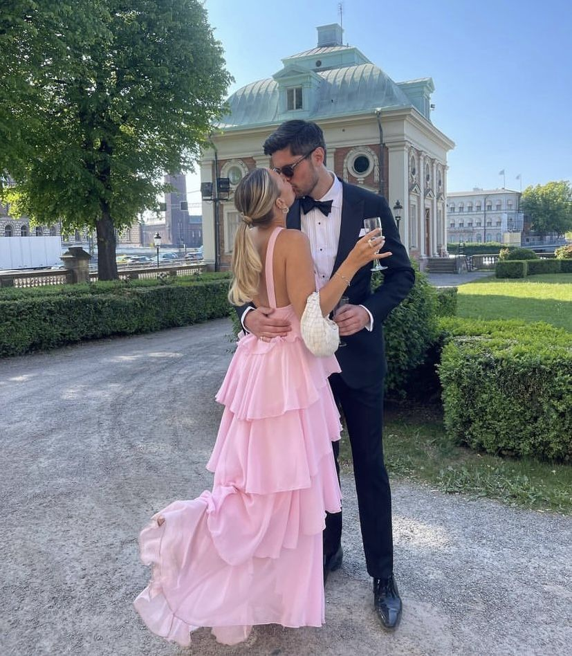 Pink A-line Tiered Prom Dress Backless Chiffon Formal Outfit