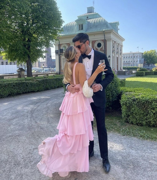 Pink A-line Tiered Prom Dress Backless Chiffon Formal Outfit