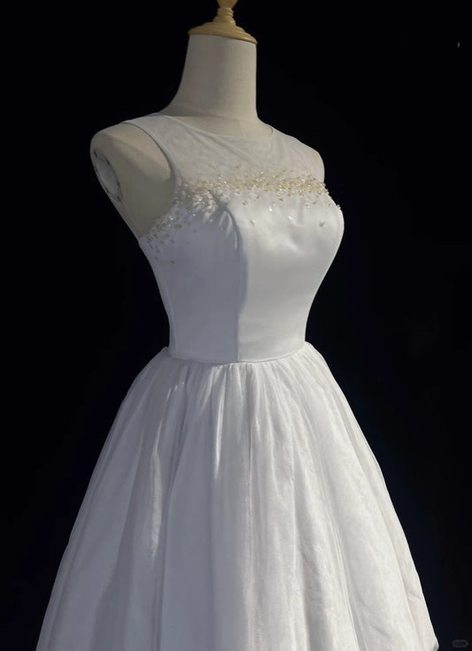 White pure simple beautiful sparkling fashion elegant exquisite rhinestone short mini backless floor length tulle homecoming prom dress evening dress party dress prom dress gh3865