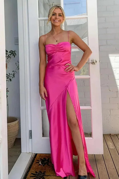 Spaghetti Straps Satin A-Line Party Prom Dress With Slit