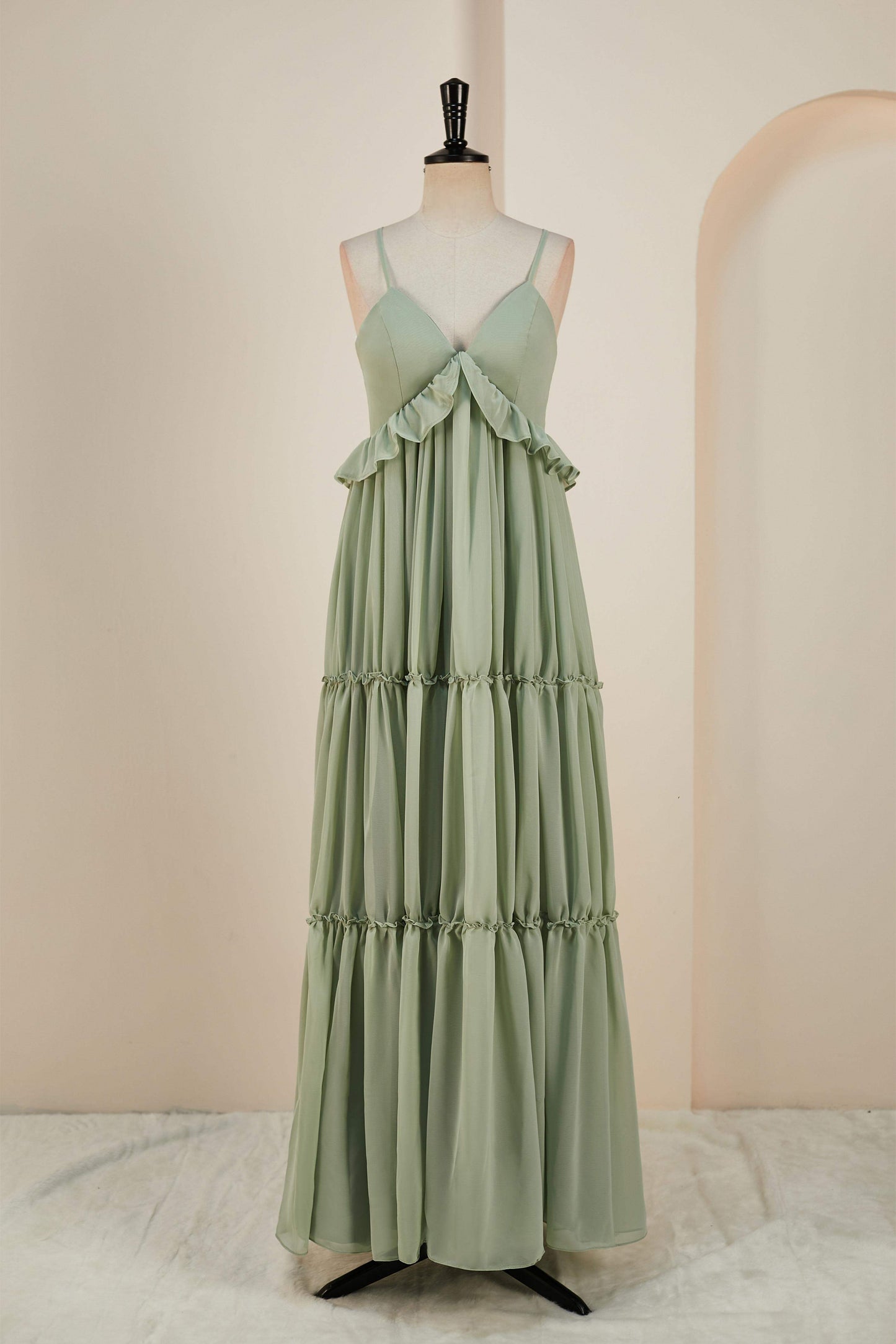 Dusty Sage Lace-Up Deep V Neck Ruffled Empire Long Bridesmaid Dress