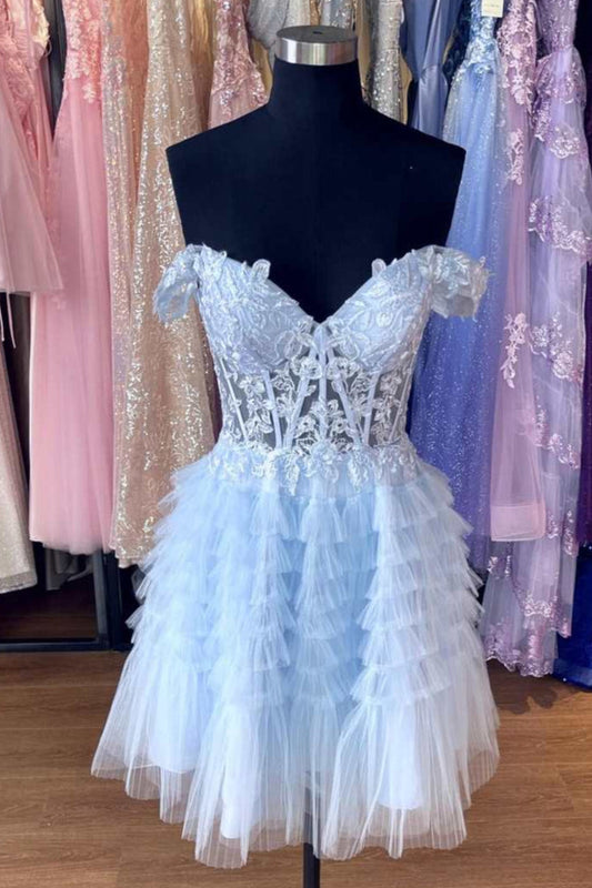 Light Blue A-line Flower Straps Appliques Tulle Homecoming Dress
