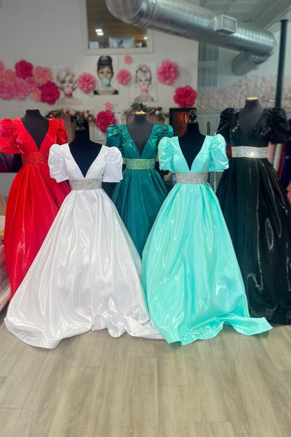 White Puff Sleeves Beaded A-line Satin Plunging V Long Prom Dress