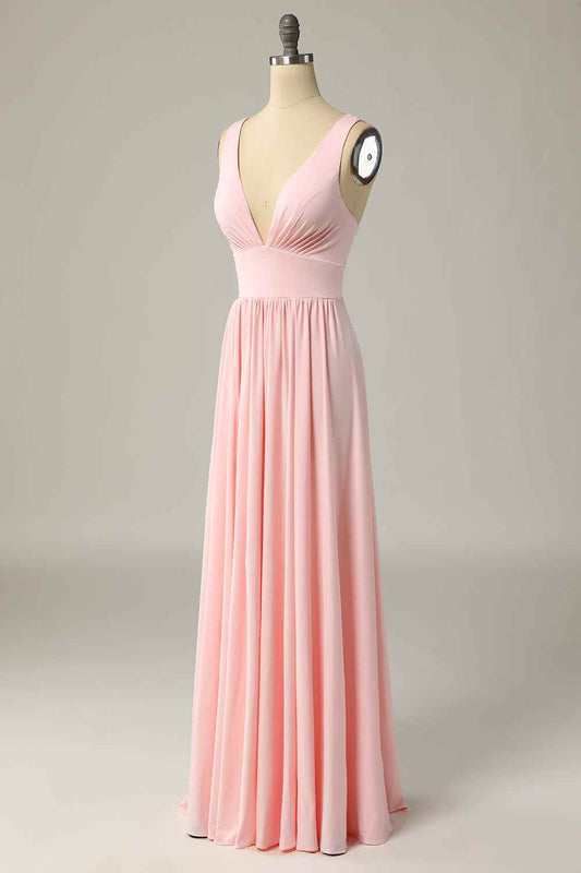 Candy Pink A-line Illusion Lace Cap Sleeves Chiffon Long Bridesmaid Dress